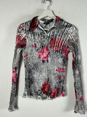Komarov Womens Crinkle Textured Button-Up Blouse Small Floral Long Sleeve Gray